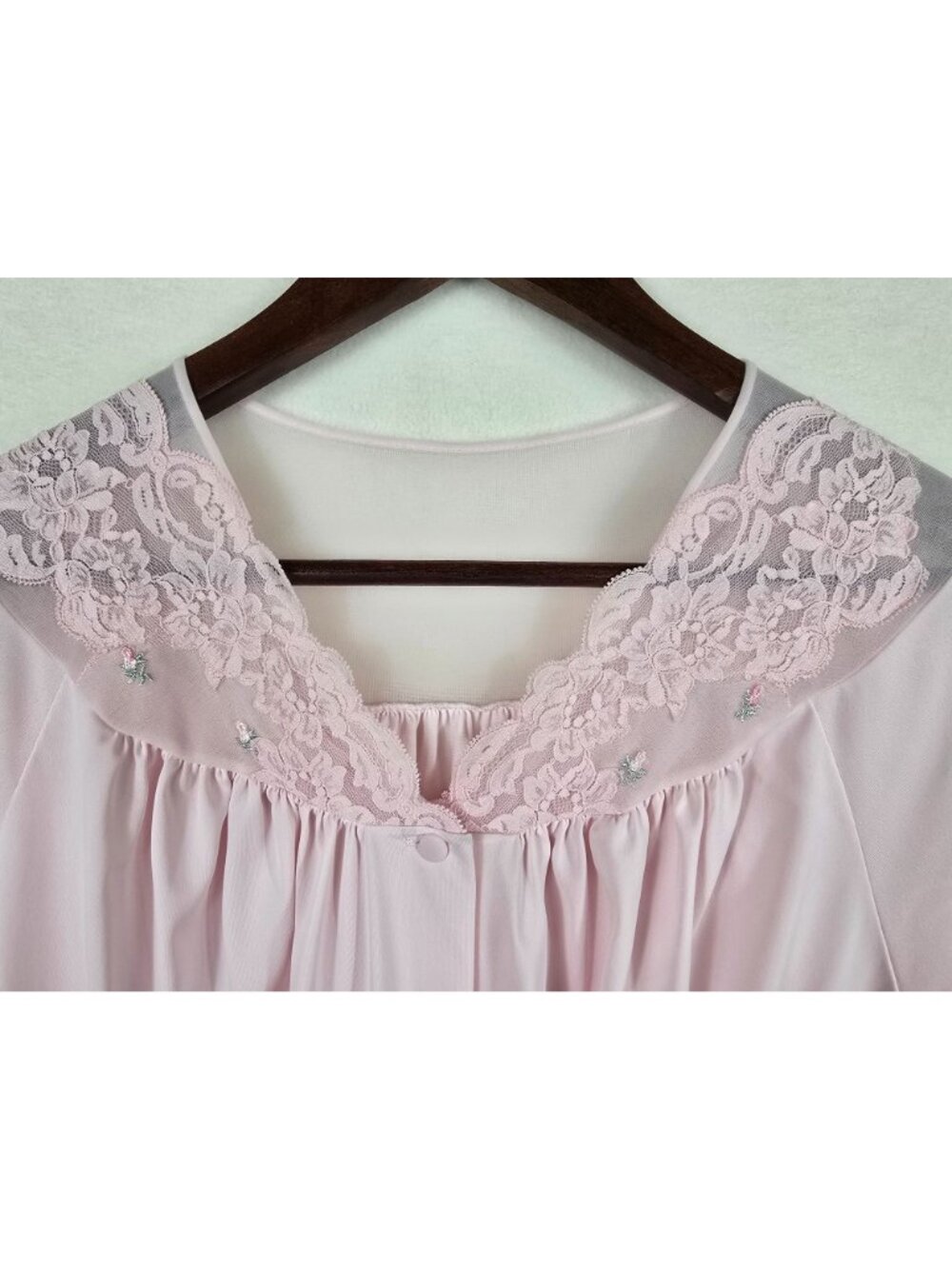Vintage Long Pink Lace Trim Nightgown With Pockets & Button Front Large - Picture 2 of 5